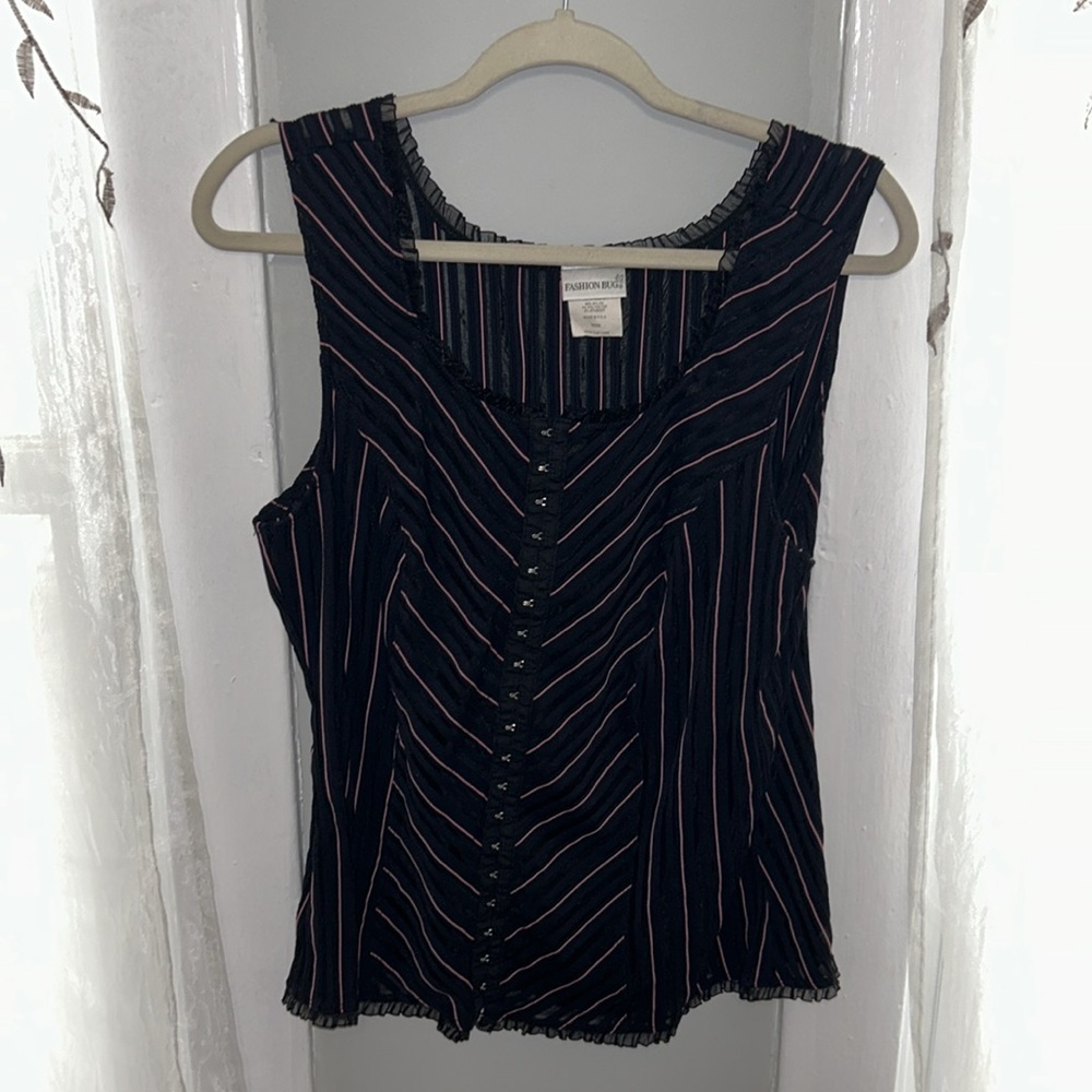 Fashion Bug Pin Stripe y2k Grunge Pink Black Tank Top Lace Neckline Faux Corset - Picture 10 of 10